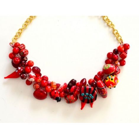 Colier handmade ROSU RED ceramica si sticla