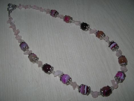 Colier agate fuchsia si cips cuart roz