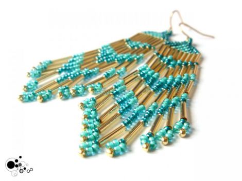 Turquoise Aqua and Gold Fringe Earrings