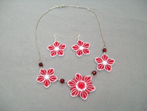 set colier si cercei quilling alb cu rosu