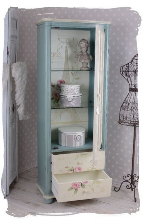 VITRINA DIN LEMN MASIV BLEU CU FLORI