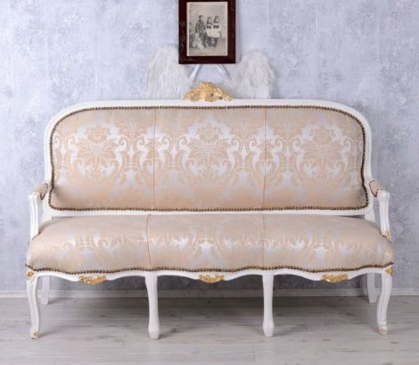 SOFA 3 LOCURI DIN LEMN MASIV ALB SI TAPITERIE GREJ