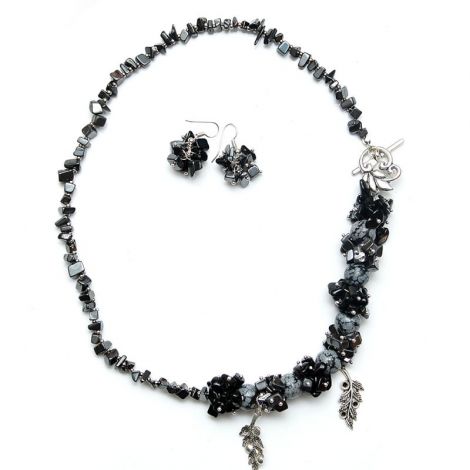 Colier obsidian onix si hematit cu cercei asortati