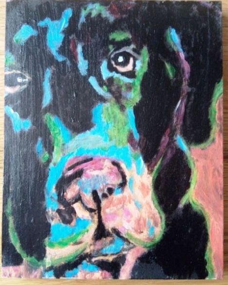 Caine tablou pictat pe lemn de fag