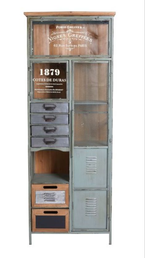 Vitrina industriala din lemn maro cu metal verde