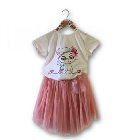 Set fustita-tulle roz+ tricou pictat manual Miau