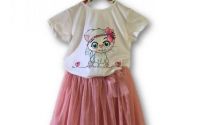 Set fustita-tulle roz+ tricou pictat manual Miau