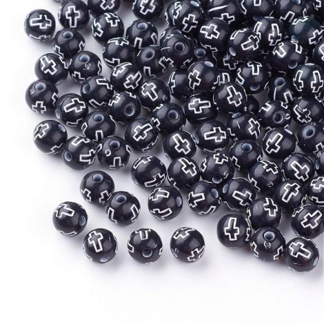 50buc margele acril sfera negre cruce alba 8mm