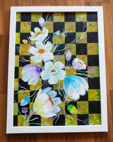 Tablou pictura acrilica "Checkered flowers"