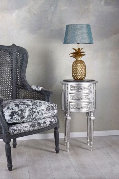 Comoda rotunda din lemn masiv argintiu cu blat di