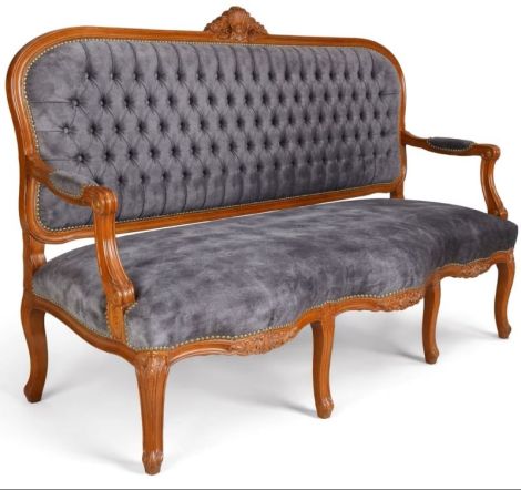 Sofa baroc din lemn masiv mahon cu tapiterie gri