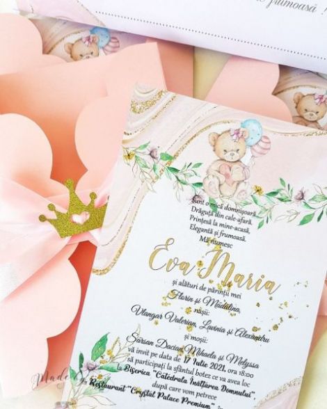 Invitatie ursulet roz si coronita