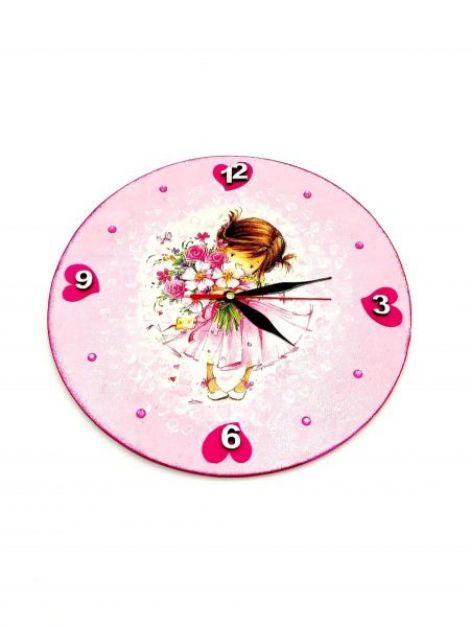 Ceas lemn 25 cm - fetita cu flori - 2708
