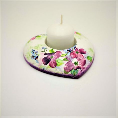 Set suport lumanare inima flori roz violet
