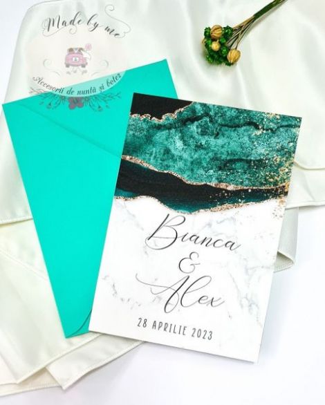 Invitatie nunta Marble verde smarald