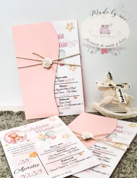 Invitatie botez cu ursulet si luna roz