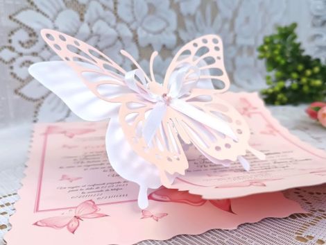 Invitatii botez fluturi roz papirus fetite