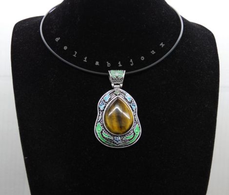 Colier handmade statement pandantiv ochi de tigru