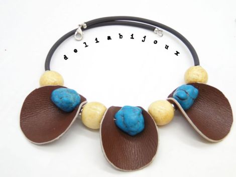 Colier statement handmade unicat- piele lemn how