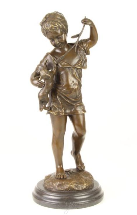 Fetita cu pisica-statueta bronz cu soclu din marmu