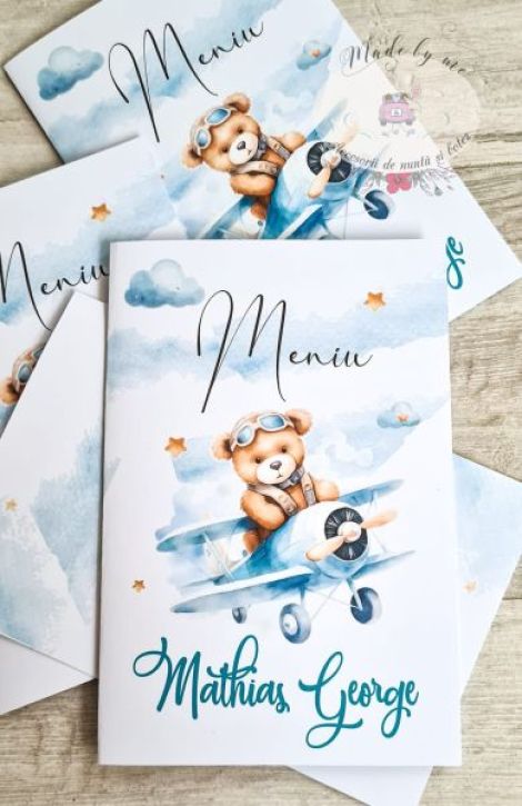 Meniu carticica botez urs cu avion