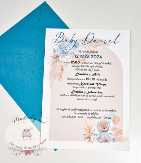 Invitatie botez ursulet bleo pastel