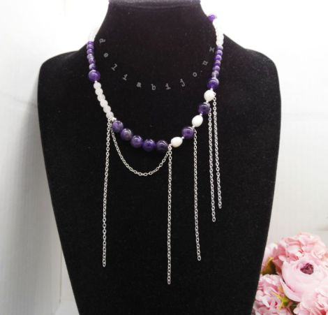 Colier handmade unicat - ametist cuart si perle c