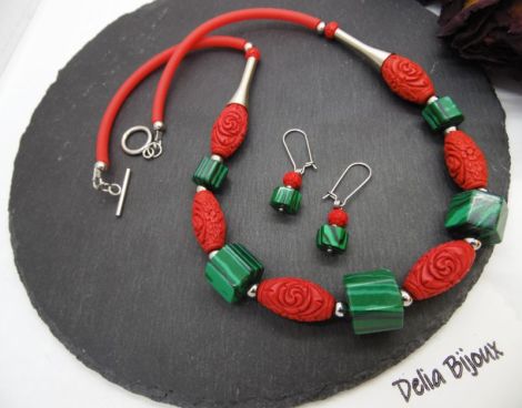 Set bijuterii handmade - malachit si cinabru cod1