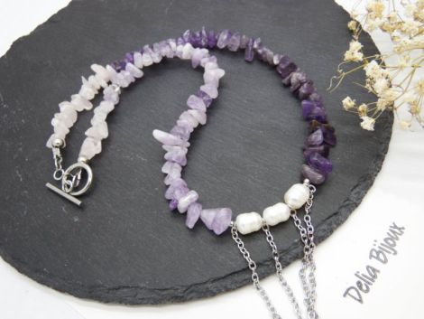 Colier handmade unicat - ametist cuart si perle c