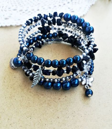 bratara boho spirala bleumarin cu pietre si perle