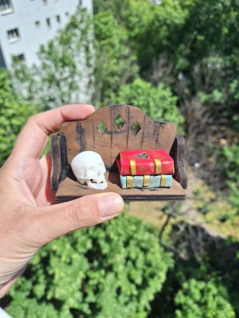Raft miniatural cu carti si craniu