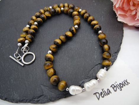 Colier handmade - ochi de tigru si perle cultura 