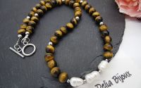 Colier handmade - ochi de tigru si perle cultura 