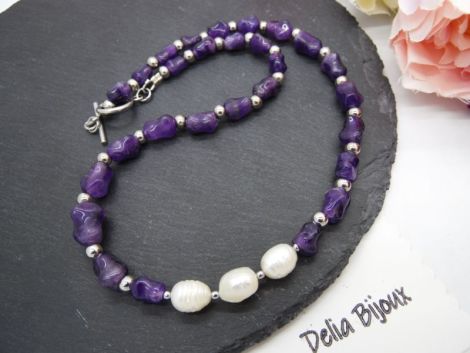 Colier handmade - ametist si perle cultura cod124