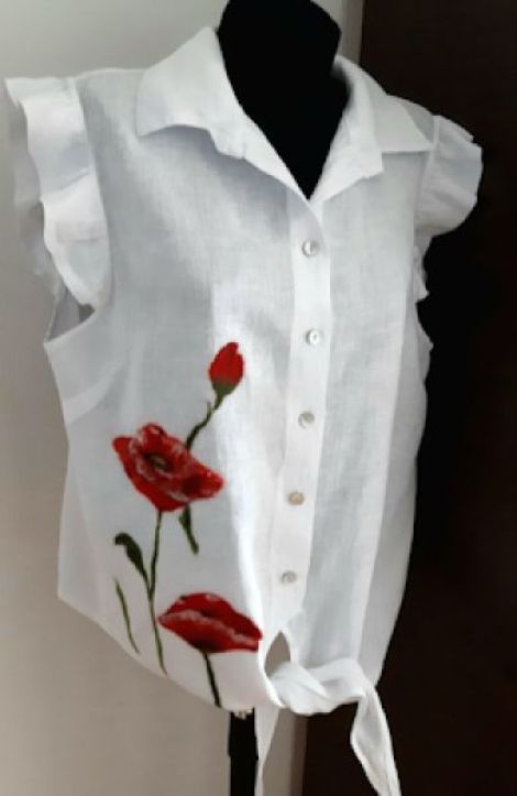 bluza din in decorata cu maci impasliti