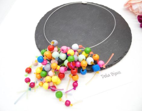 Colier statement unicat multicolor Margele de lemn