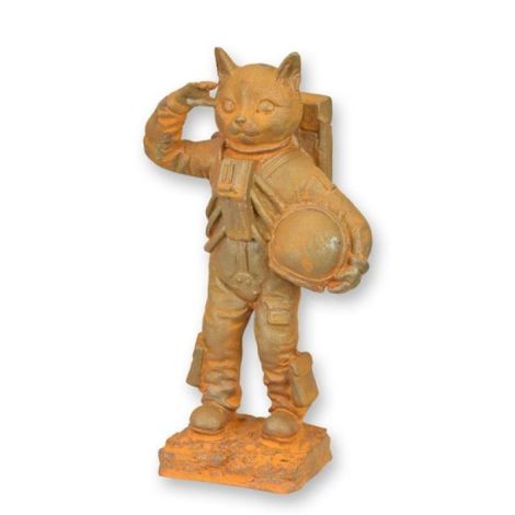 Pisica astronaut-statueta din fonta antik rusty