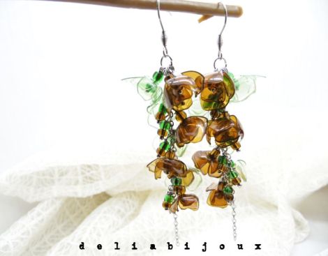 Cercei statement unicat flori verzi-maro handmade