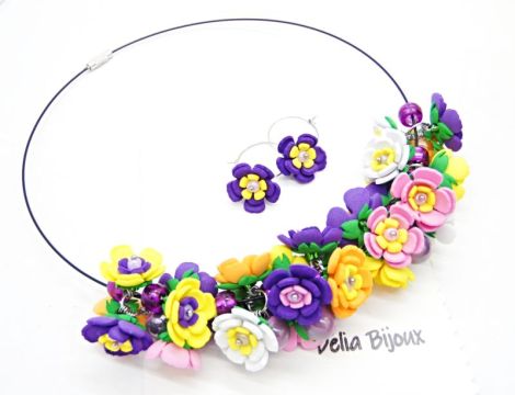 Set bijuterii handmade - flori multicolore colier