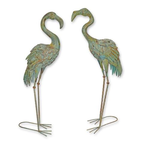 Pereche doua pasari flamingo din metal antik grey