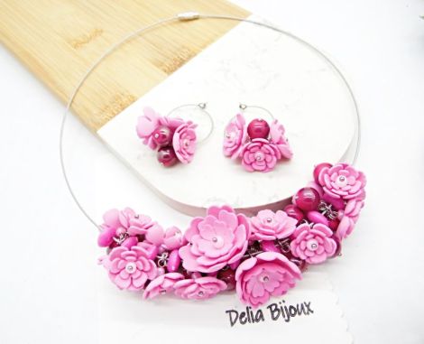 Set bijuterii cu flori roz colier statement i cer