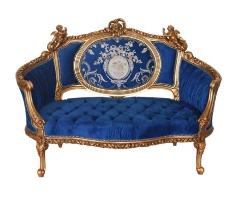 Sofa Rococo din lemn masiv cu tapiterie albastra
