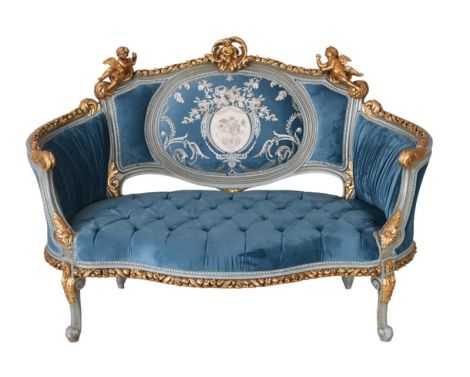 Sofa Rococo din lemn masiv cu tapiterie albastra