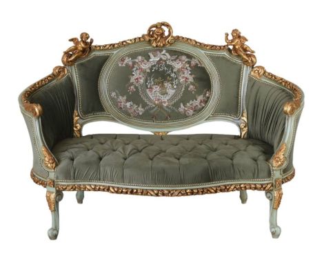 Sofa Rococo din lemn masiv cu tapiterie verde