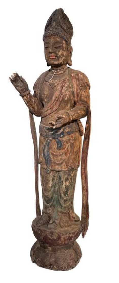 Guanyin-statuetea monumentala din lemn patinat