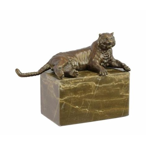 Tigru sezand-statueta din bronz cu soclu marmura