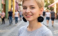 Cercei statement din blugi reciclai flori negre h