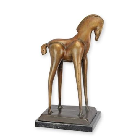 Cal-statueta moderna din bronz cu soclu marmura