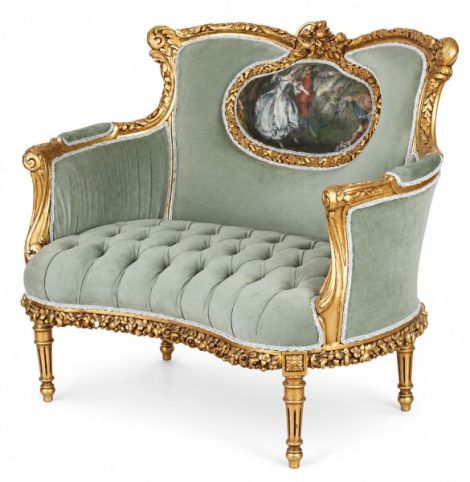 Sofa baroc din lemn auriu cu tapiterie verde