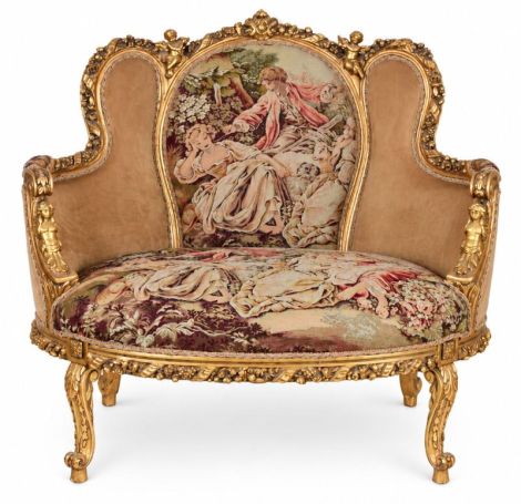 Sofa baroc din lemn auriu cu tapiterie goblen
